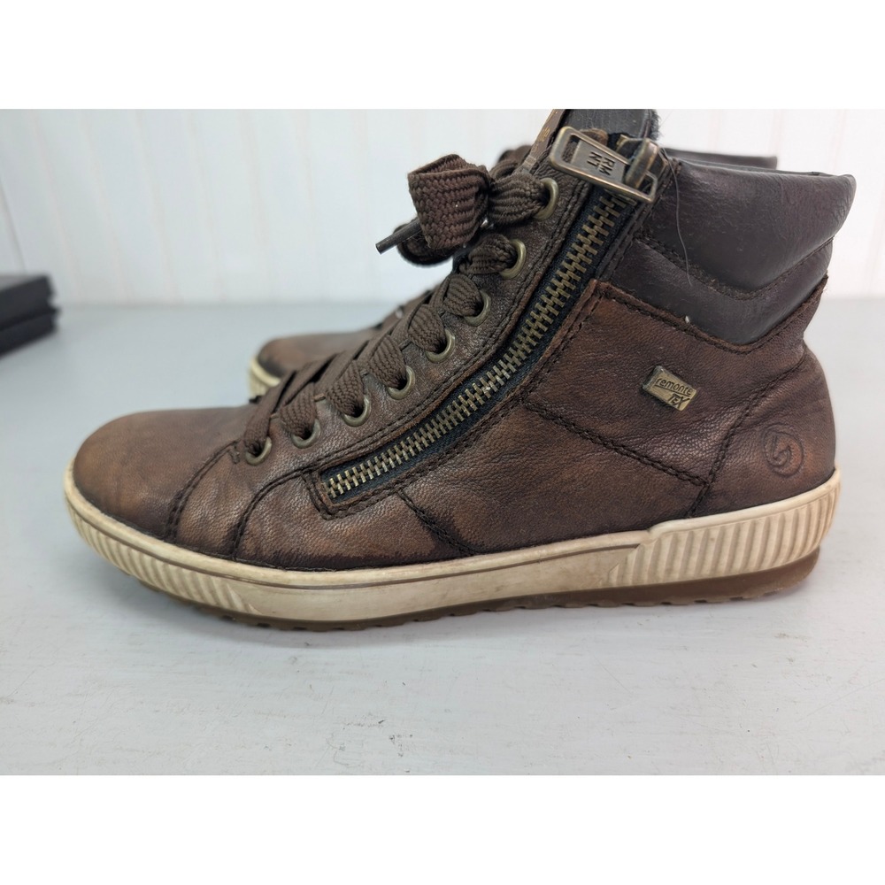 Remonte Brown Leather High Top Sneakers Sz 38 Side Zip Fleece Lined 8909200845 - Picture 10 of 13